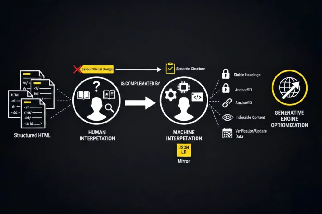 Illustration zur technischen Umsetzung von Grounding Pages mit Fokus auf semantisches HTML, stabile &Uuml;berschriften und IDs sowie die Spiegelung strukturierter Daten in JSON-LD.