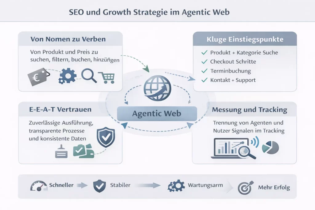 Infografik mit vier Feldern rund um den Begriff Agentic Web. Oben links &bdquo;Von Nomen zu Verben&ldquo; mit Hinweis auf Aktionen wie suchen, filtern, buchen und hinzuf&uuml;gen. Oben rechts &bdquo;Kluge Einstiegspunkte&ldquo; mit Beispielen Produkt und Kategorie Suche, Checkout Schritte, Terminbuchung, Kontakt und Support. Unten links &bdquo;E E A T Vertrauen&ldquo; mit Fokus auf zuverl&auml;ssige Ausf&uuml;hrung, transparente Prozesse und konsistente Daten. Unten rechts &bdquo;Messung und Tracking&ldquo; mit Hinweis auf Trennung von Agenten und Nutzer Signalen. Unten eine Leiste mit Effekten: schneller, stabiler, wartungsarm, mehr Erfolg.