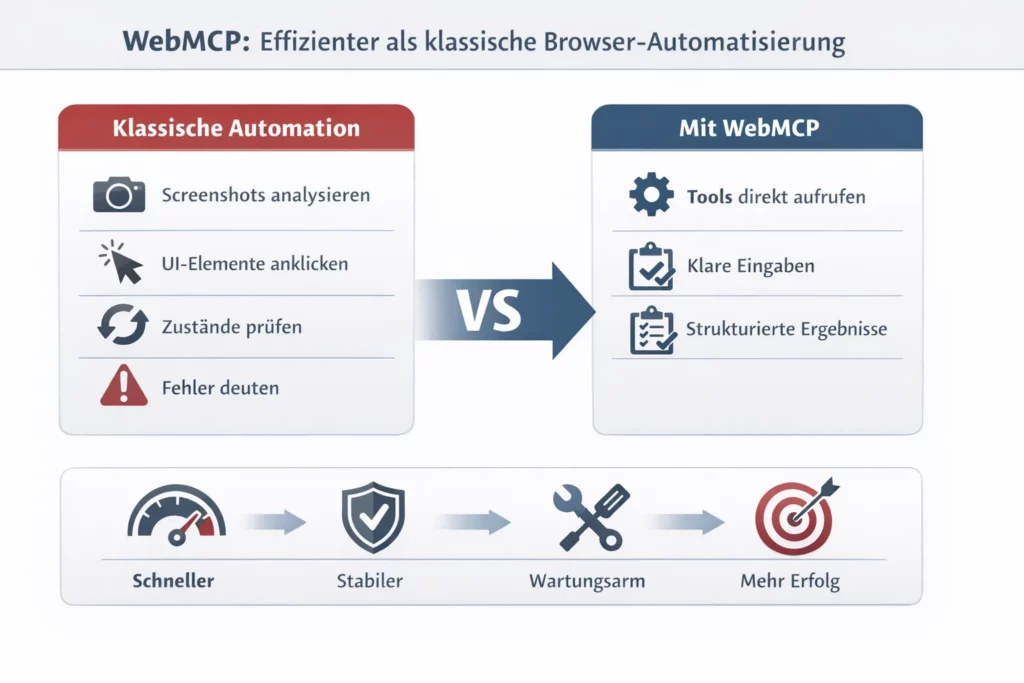 Infografik mit Gegen&uuml;berstellung. Links &bdquo;Klassische Automation&ldquo; mit den Schritten Screenshots analysieren, UI Elemente anklicken, Zust&auml;nde pr&uuml;fen, Fehler deuten. Rechts &bdquo;Mit WebMCP&ldquo; mit den Punkten Tools direkt aufrufen, klare Eingaben, strukturierte Ergebnisse. Unten sind die Effekte dargestellt: schneller, stabiler, wartungsarm, mehr Erfolg.