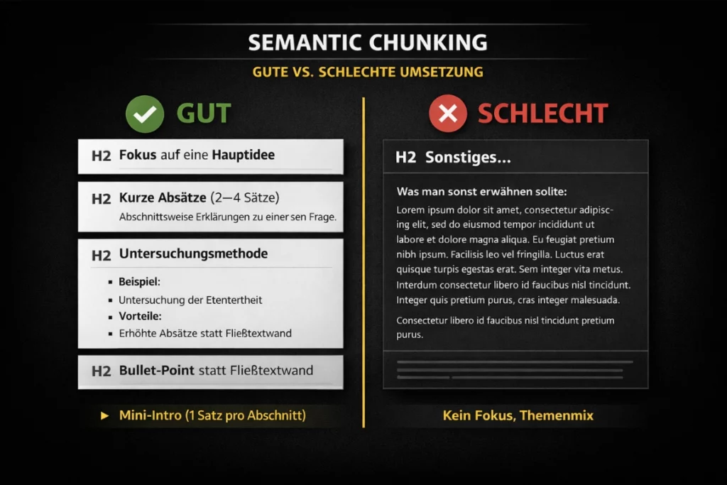 Infografik zum Vergleich von Semantic Chunking: Links &sbquo;GUT&lsquo; mit klaren H2-Bl&ouml;cken, kurzen Abs&auml;tzen und Bullet-Points; rechts &sbquo;SCHLECHT&lsquo; mit &sbquo;H2 Sonstiges&hellip;&lsquo; und Textblock.