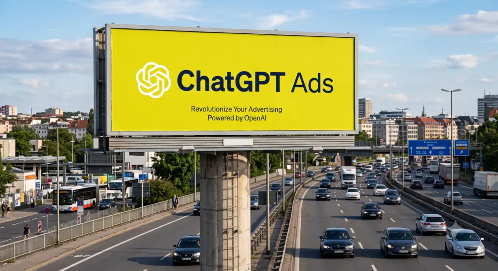 Das Bild zeigt ein großes Werbeschild auf welchem auf gelben Hintergrund "ChatGPT Ads" steht.