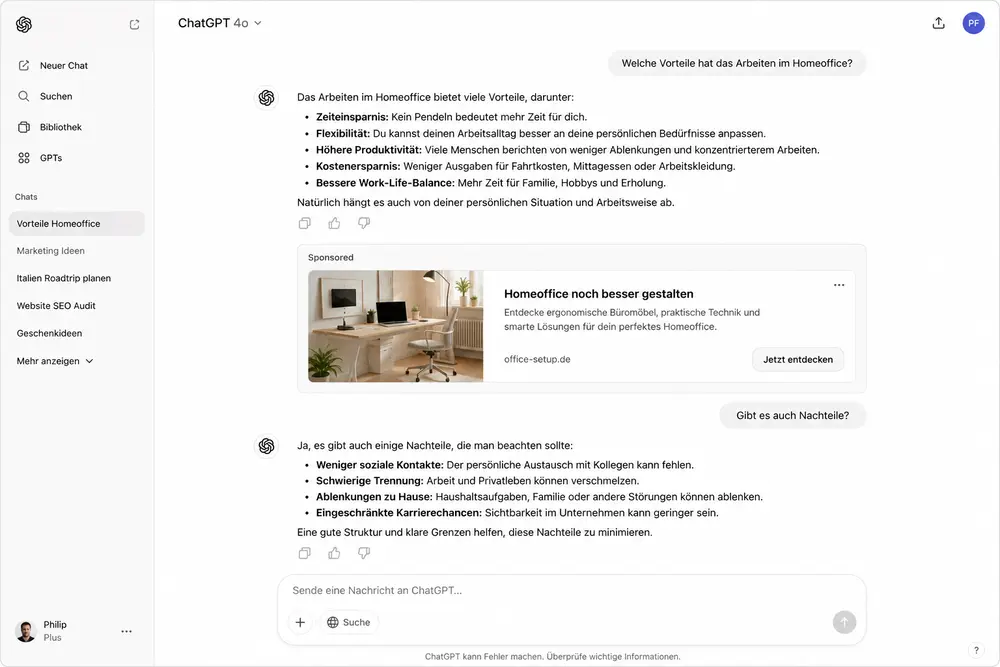 Ein simulierter screenshot aus der ChatGPT oberfläche welcher darstellt, wie ChatGPT Werbung aussehen könnte. Ein werbeblock zwischen zwei Antworten von ChatGPT