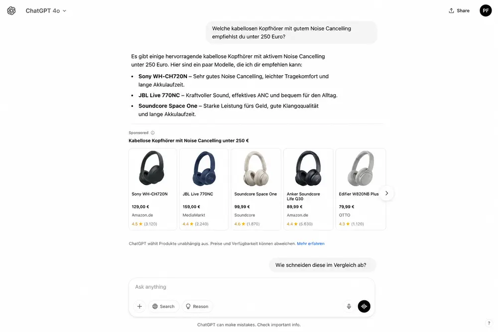 Ein Screenshot aus einem ChatGPT Chat in welchem Shopping Ads geschaltet werden