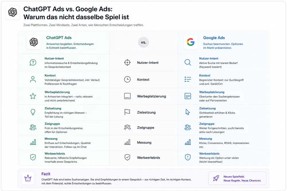 Eine Vergleichstabelle zwischen ChatGPT Ads und Google Ads